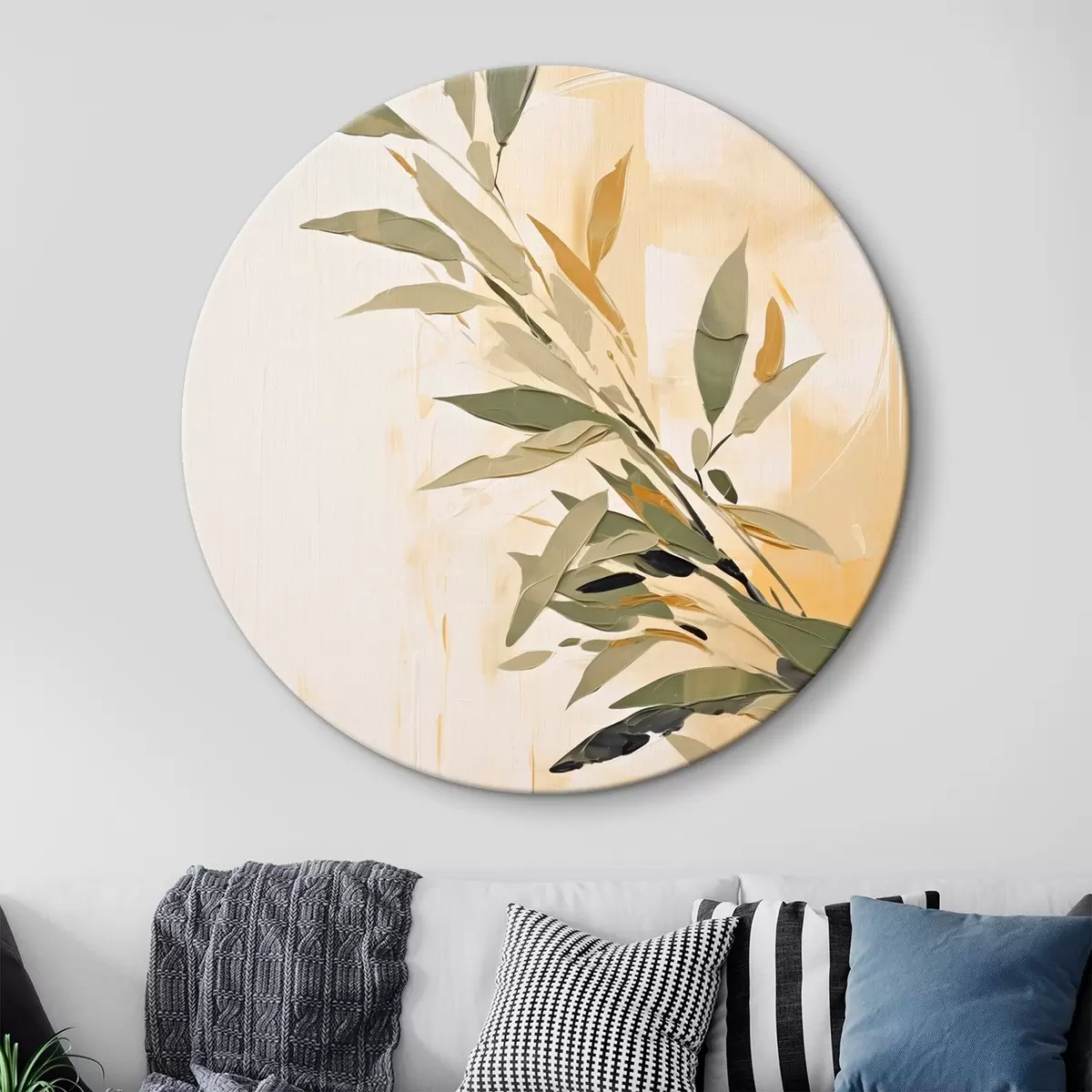 Okrúhle obrazy Botanická vetva so zelenými listami na teplom pozadí r45690