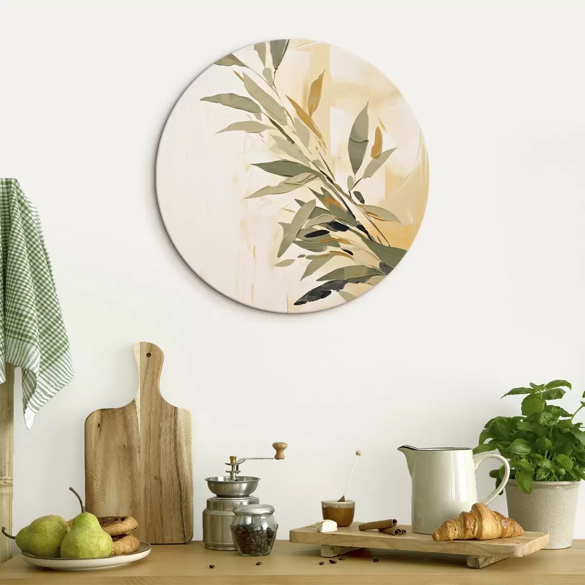 Okrúhle obrazy Botanická vetva so zelenými listami na teplom pozadí r45690