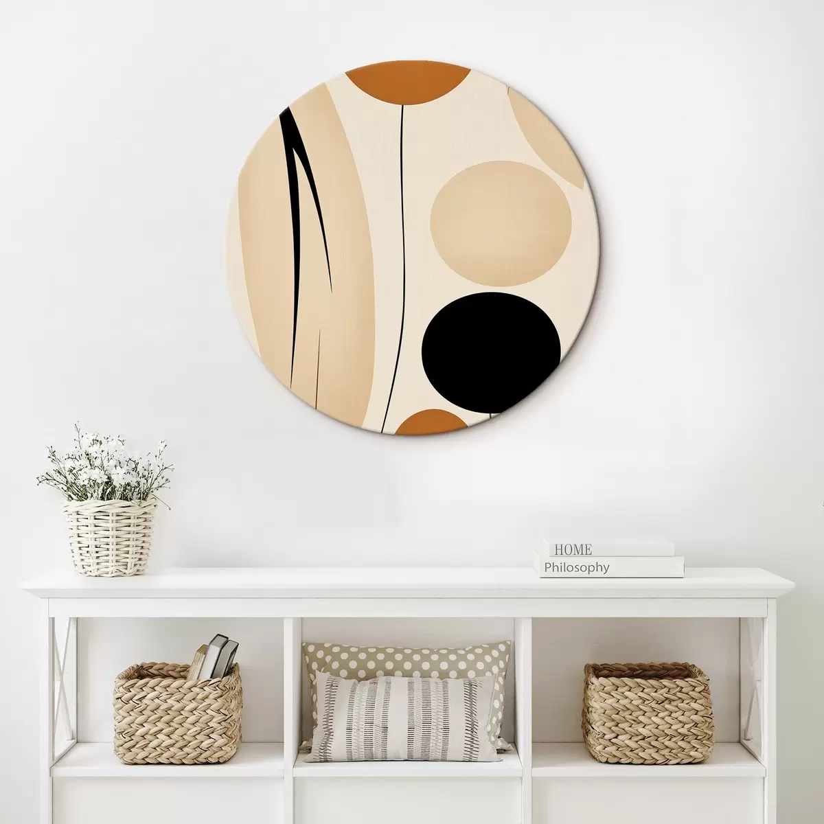 Okrúhle obrazy Abstraktná kompozícia s čiernymi a oranžovými kruhmi r45700 Okrúhle obrazy Abstraktná kompozícia s čiernymi a oranžovými kruhmi r45700