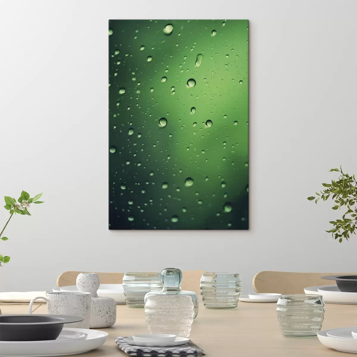 Obraz Kvapky vody na zelenom skle zblízka s45521