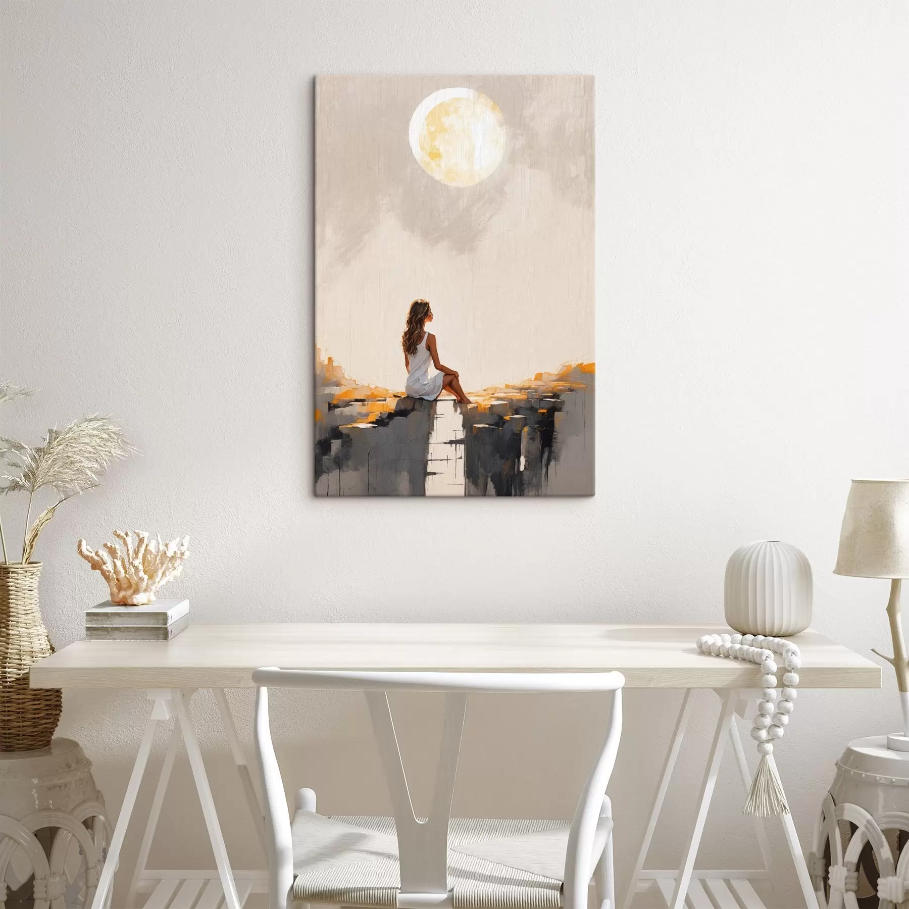 Obraz Dievča v bielych šatách sediace pod veľkým mesiacom s45621