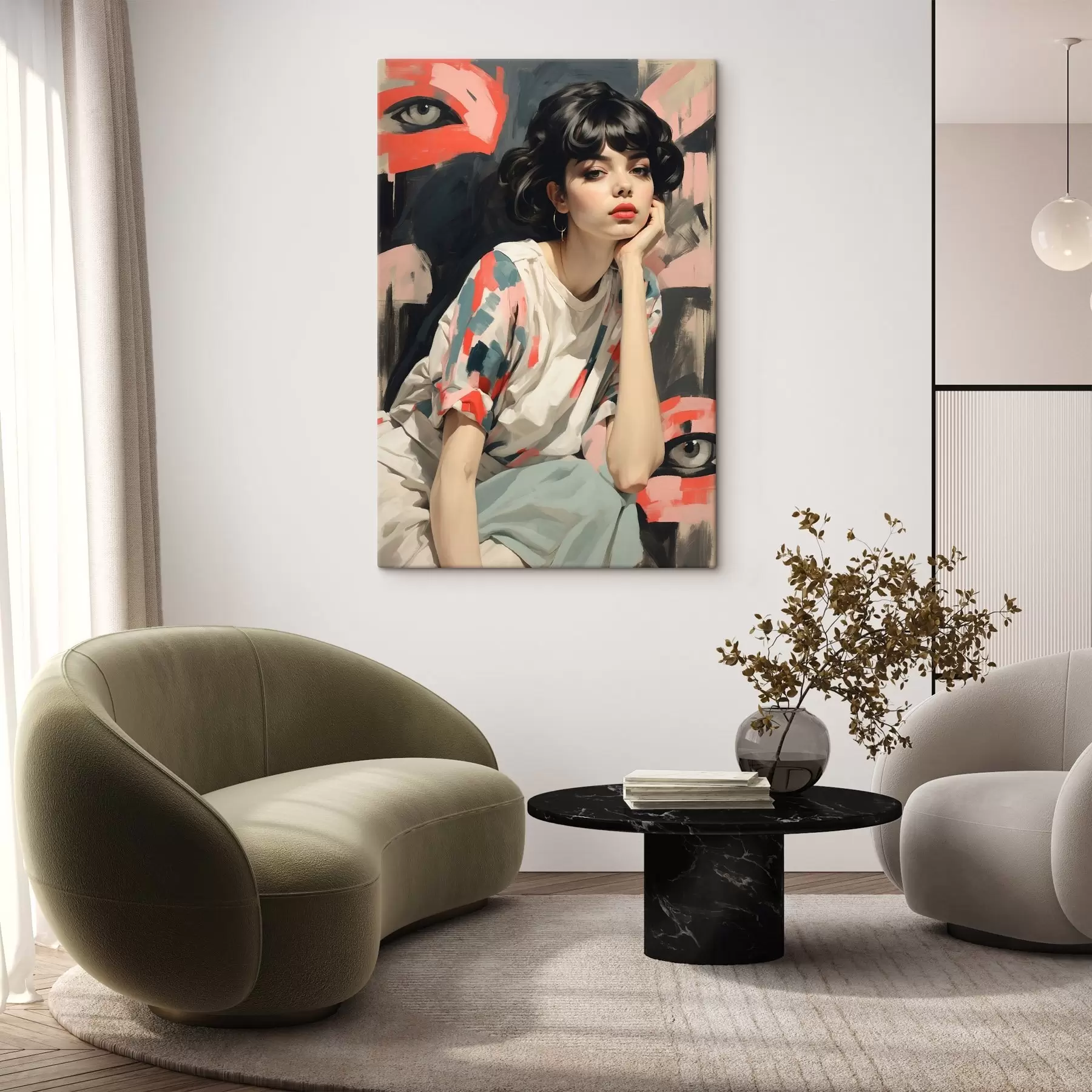 Obraz Portrét dievčaťa na pozadí s očami a abstraktnými ťahmi s45623