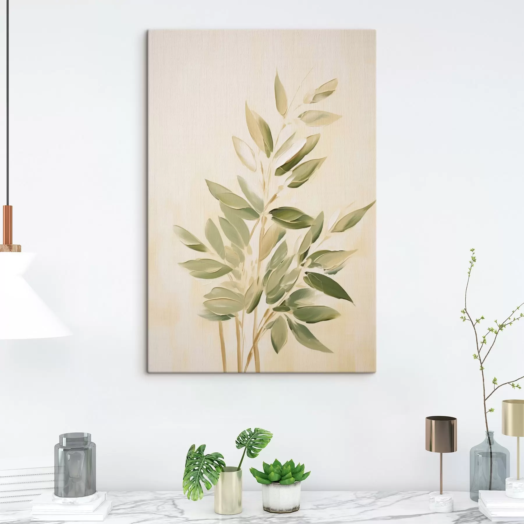 Obraz Vetva so zelenými listami na svetlom béžovom pozadí s45689