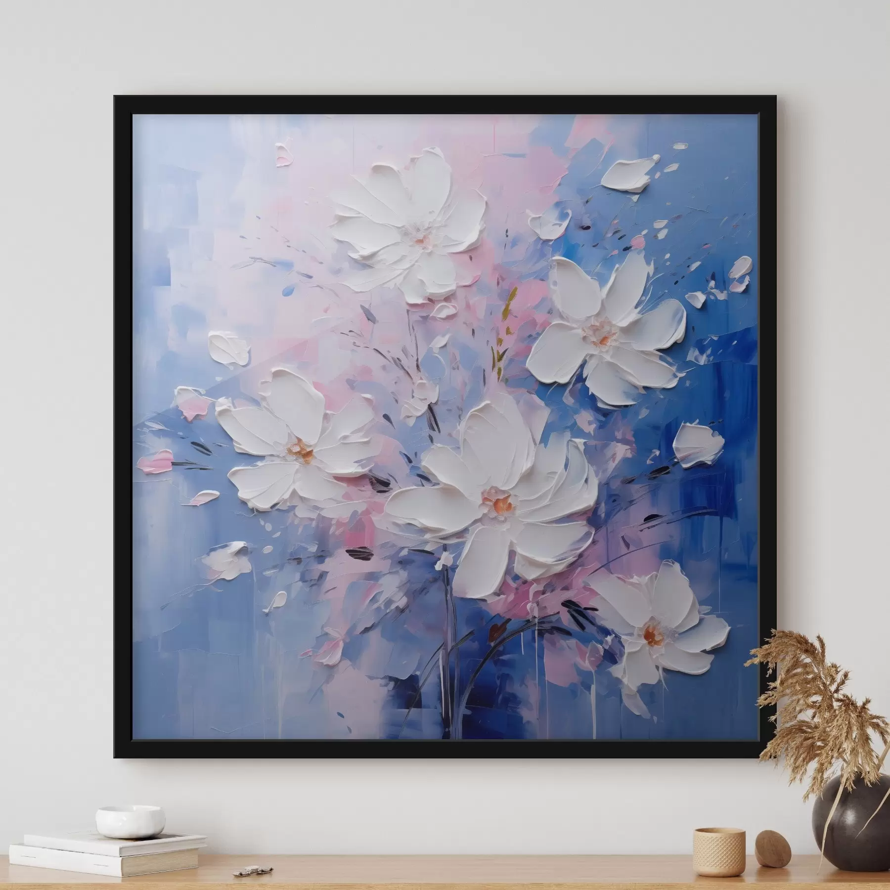 Fototapety Objemové kvety na modrom pozadí v štýle impasto f45648