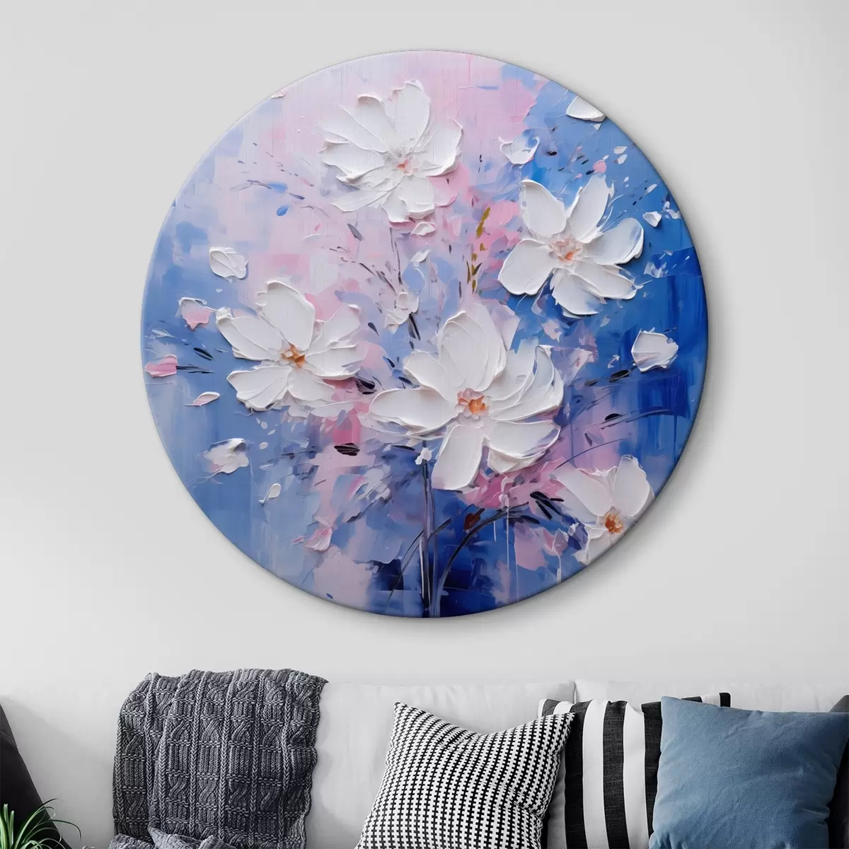 Okrúhle obrazy Objemové kvety na modrom pozadí v štýle impasto r45648