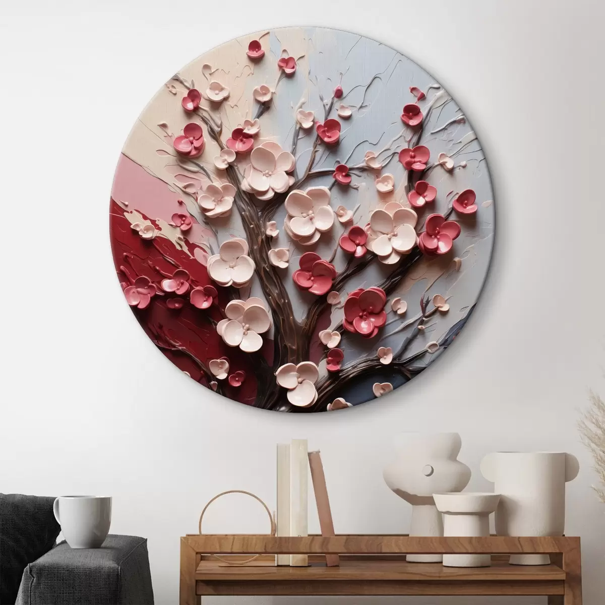 Okrúhle obrazy Objemová sakura v štýle textúrovanej maľby r45650