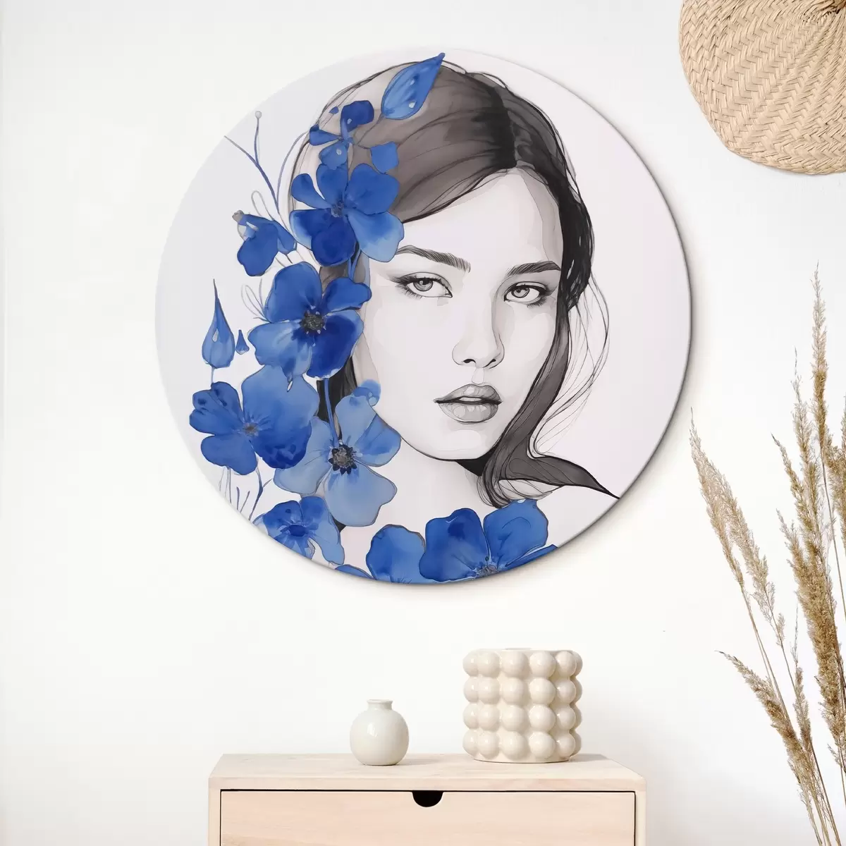 Okrúhle obrazy Dievča a modré kvety r45757