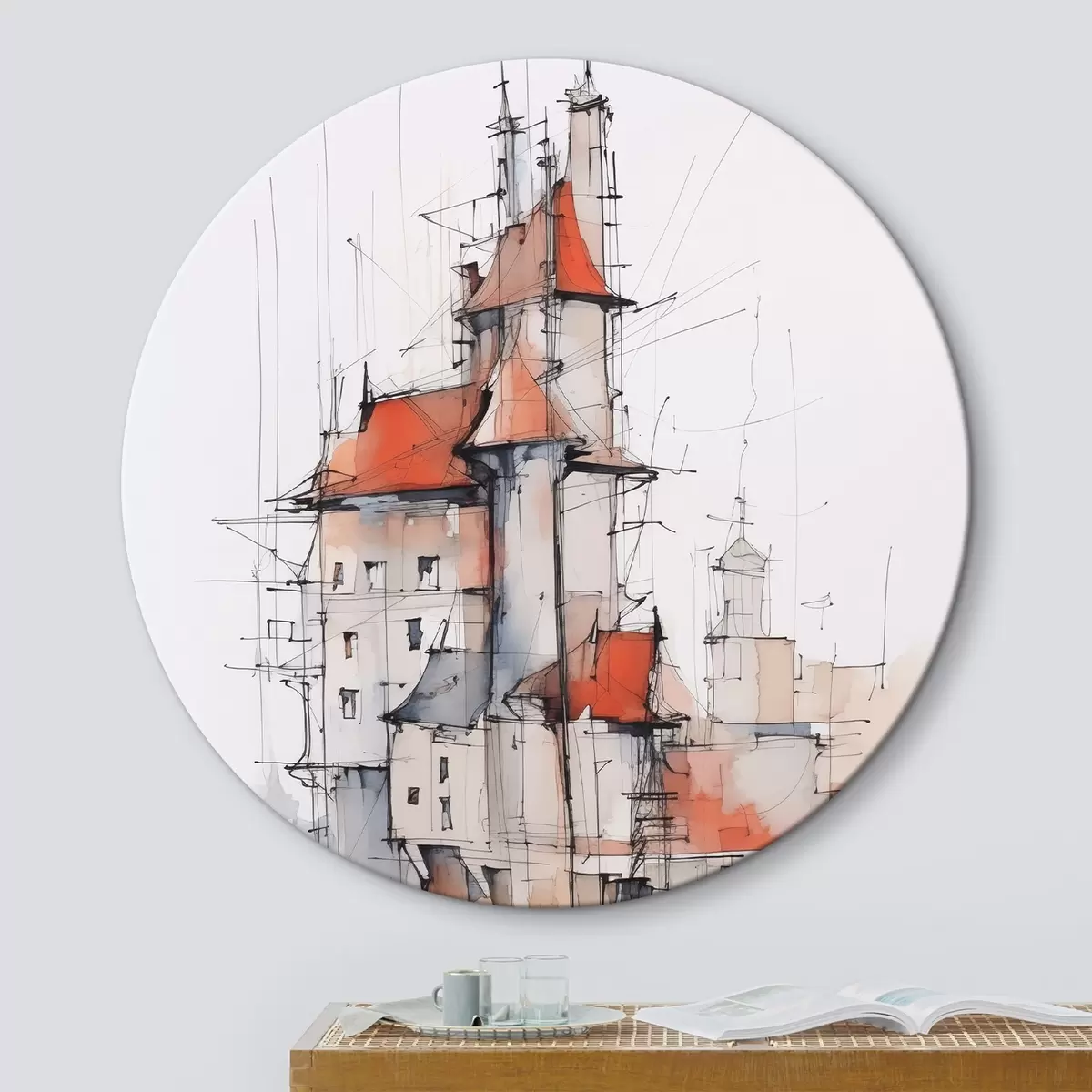 Okrúhle obrazy Domčeky imitácia skica a akvarel r45764