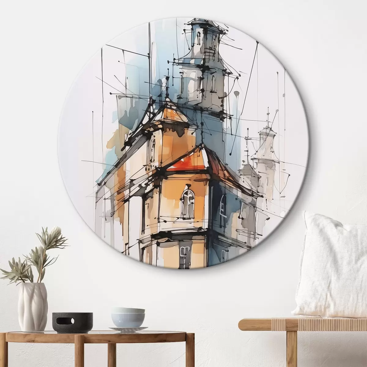 Okrúhle obrazy Domčeky imitácia skica a akvarel r45765
