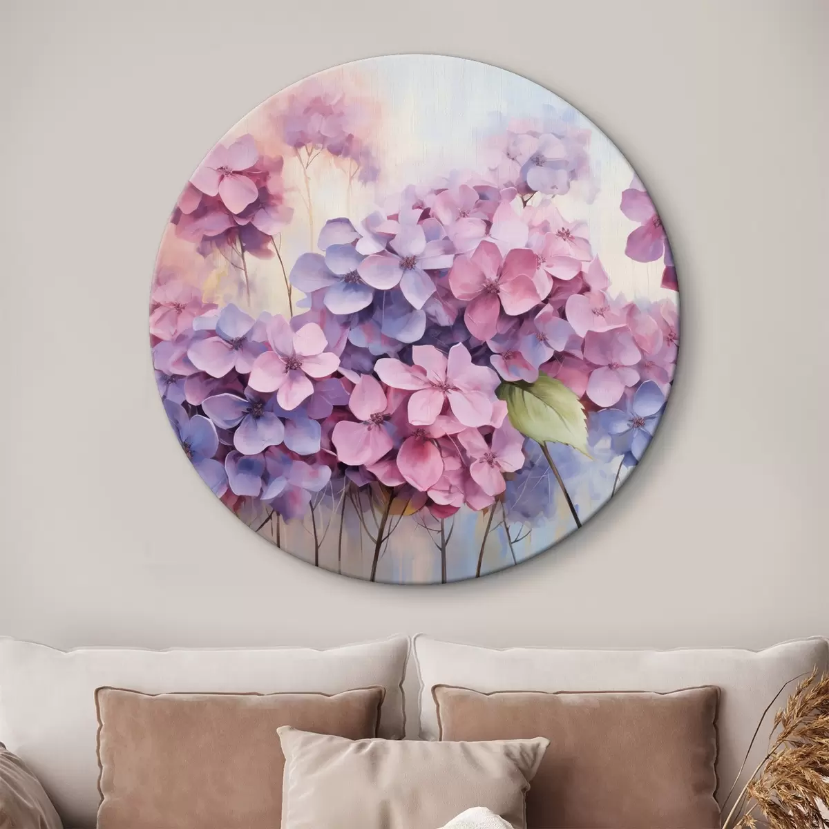 Okrúhle obrazy Pole jemných hortenzií v pastelových tónoch r45057