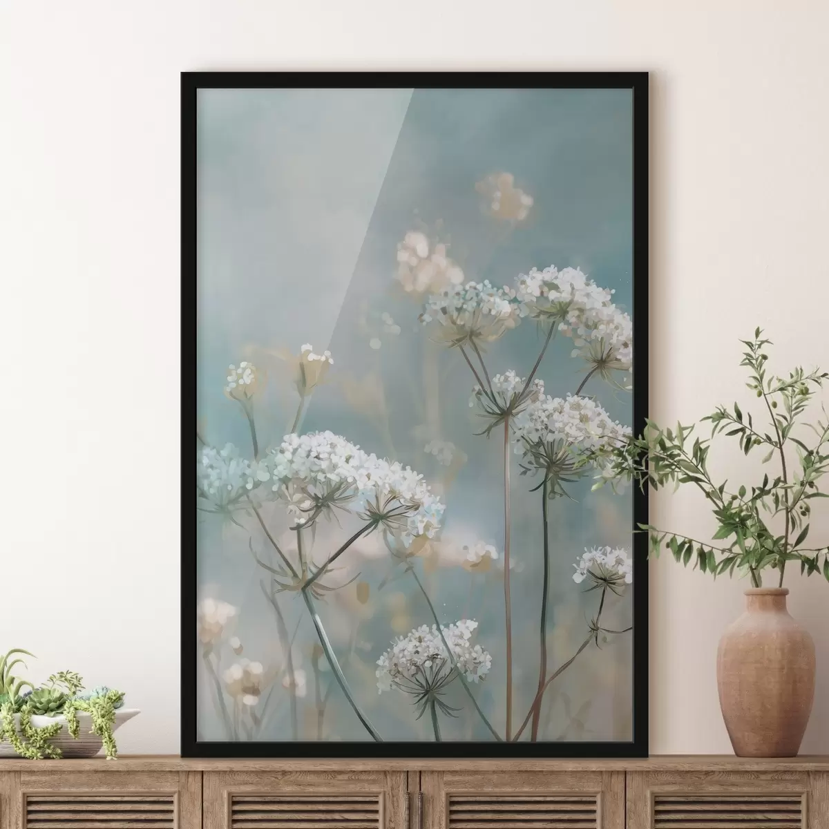 Plagáty Kvety Queen Anne's Lace v akvarelovom štýle na modrom pozadí f45721