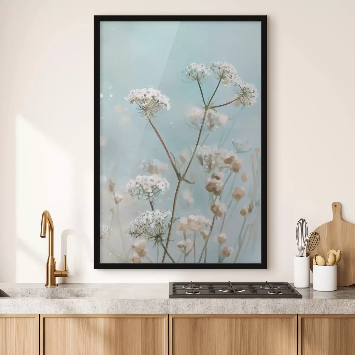 Plagáty Kvety Queen Anne's Lace v akvarelovom štýle na modrom pozadí f45722