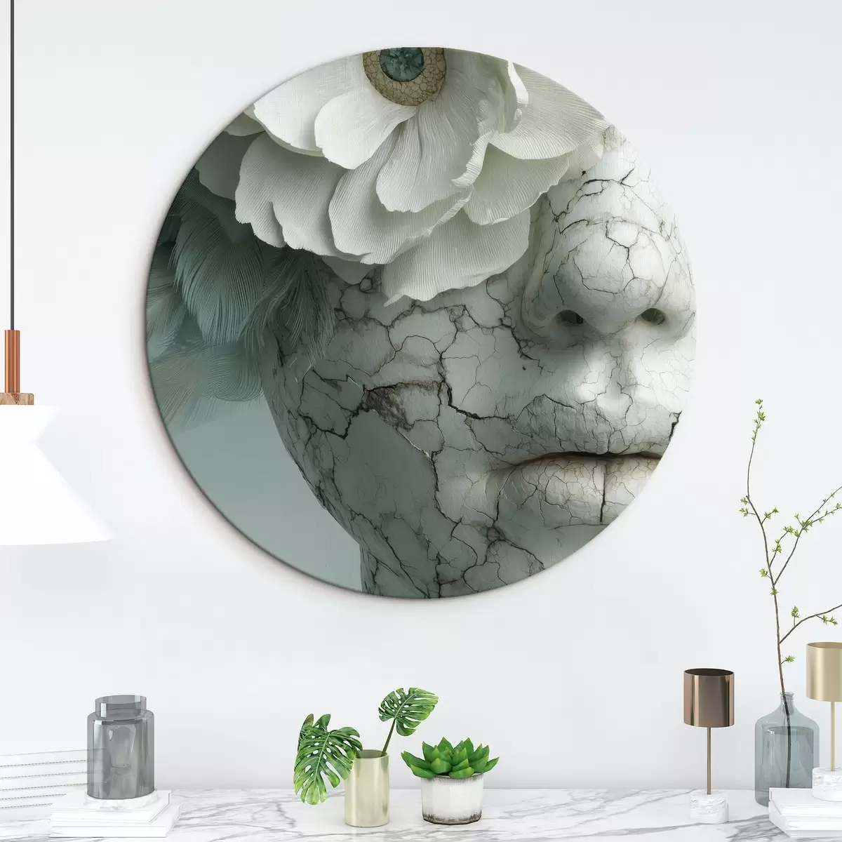 Okrúhle obrazy mramorová tvár dievčaťa s kvetinou r45709