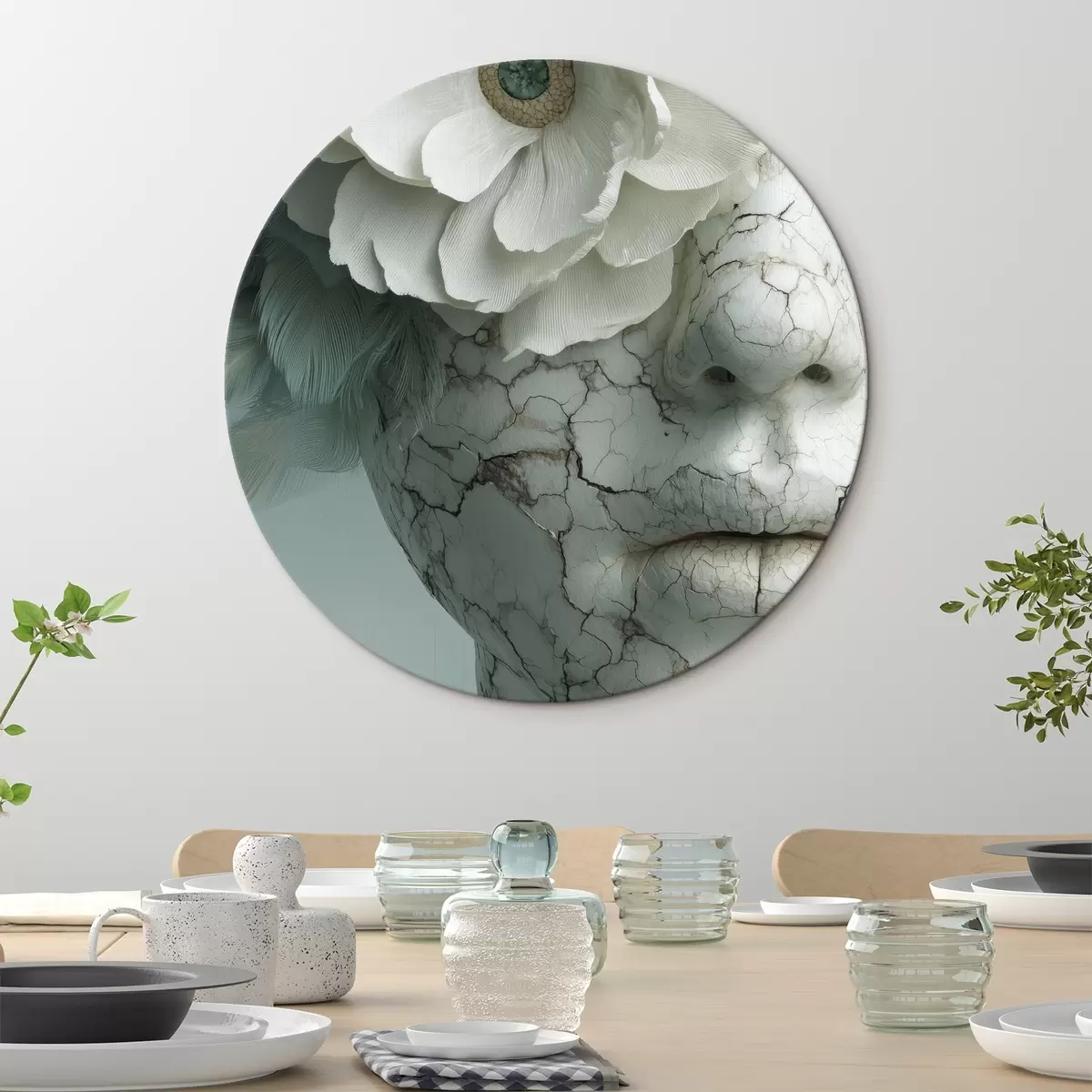 Okrúhle obrazy mramorová tvár dievčaťa s kvetinou r45709