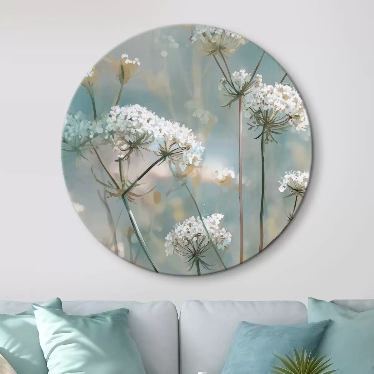 Okrúhle obrazy Kvety Queen Anne's Lace v akvarelovom štýle na modrom pozadí r45721