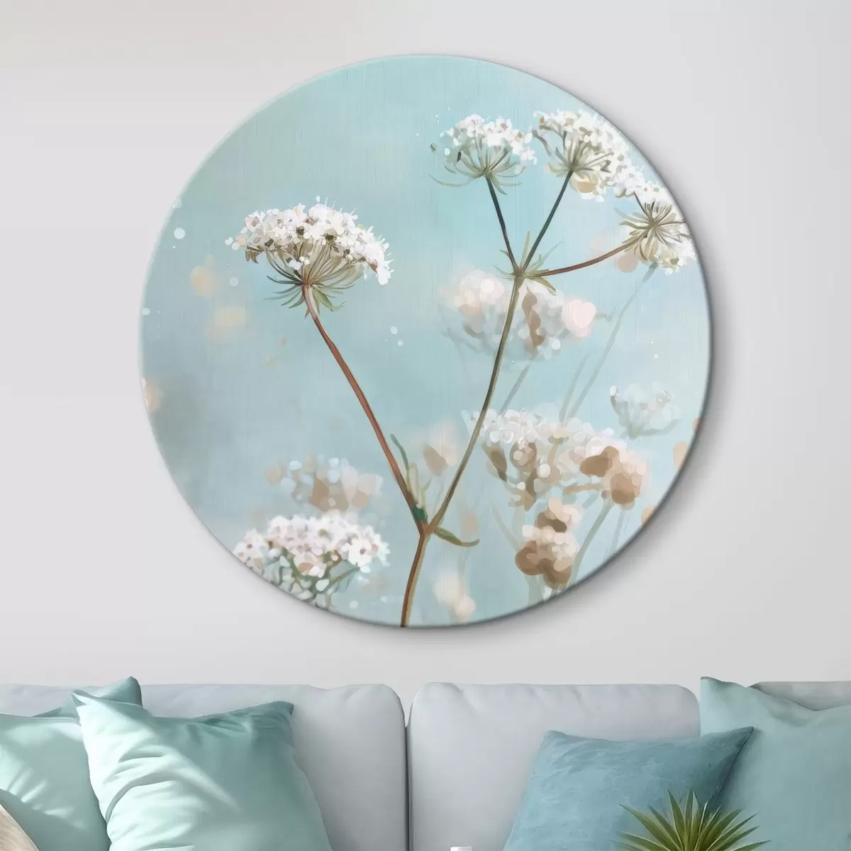 Okrúhle obrazy Kvety Queen Anne's Lace v akvarelovom štýle na modrom pozadí r45722