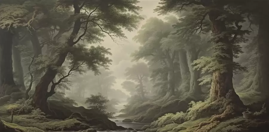 Fototapety Hmlistý les s riekou a vysokými starými stromami w04555