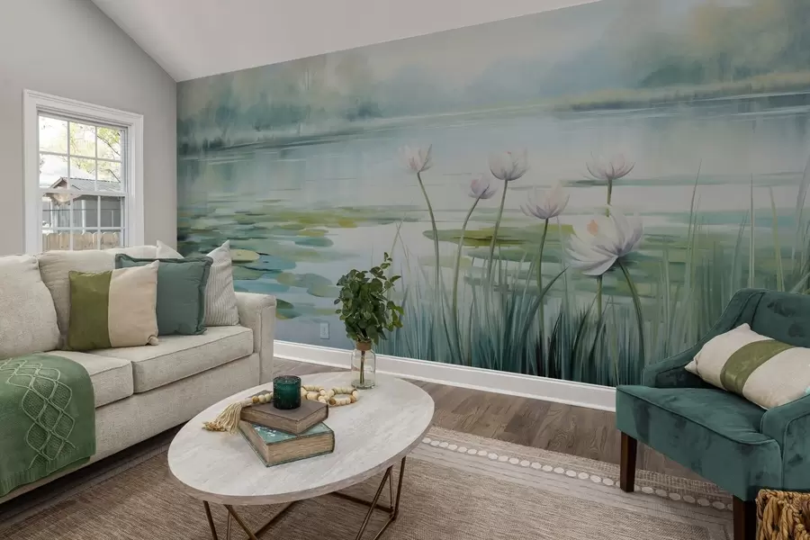 Fototapety Krajina s jazerom, leknínmi a leknínovými listami, stromami v pozadí, v pokojnom prostredí, v svetlo modrých a zelených odtieňoch w09395