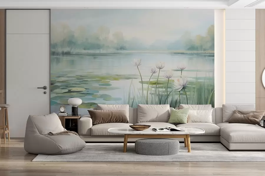 Fototapety Krajina s jazerom, leknínmi a leknínovými listami, stromami v pozadí, v pokojnom prostredí, v svetlo modrých a zelených odtieňoch w09395