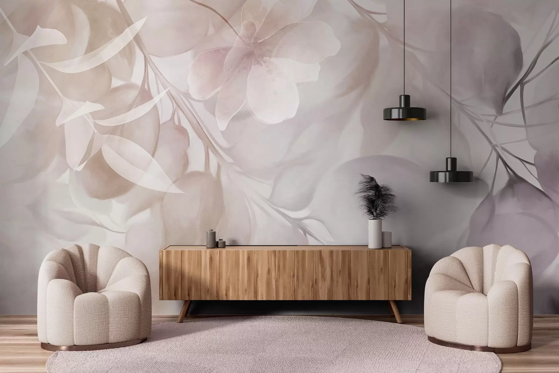 Fototapety Kvetinové umenie s tlmenými béžovými a hnedými kvetmi, listami a vetvičkami, jemnými pastelovými farbami a efektom akvarelovej textúry w09397