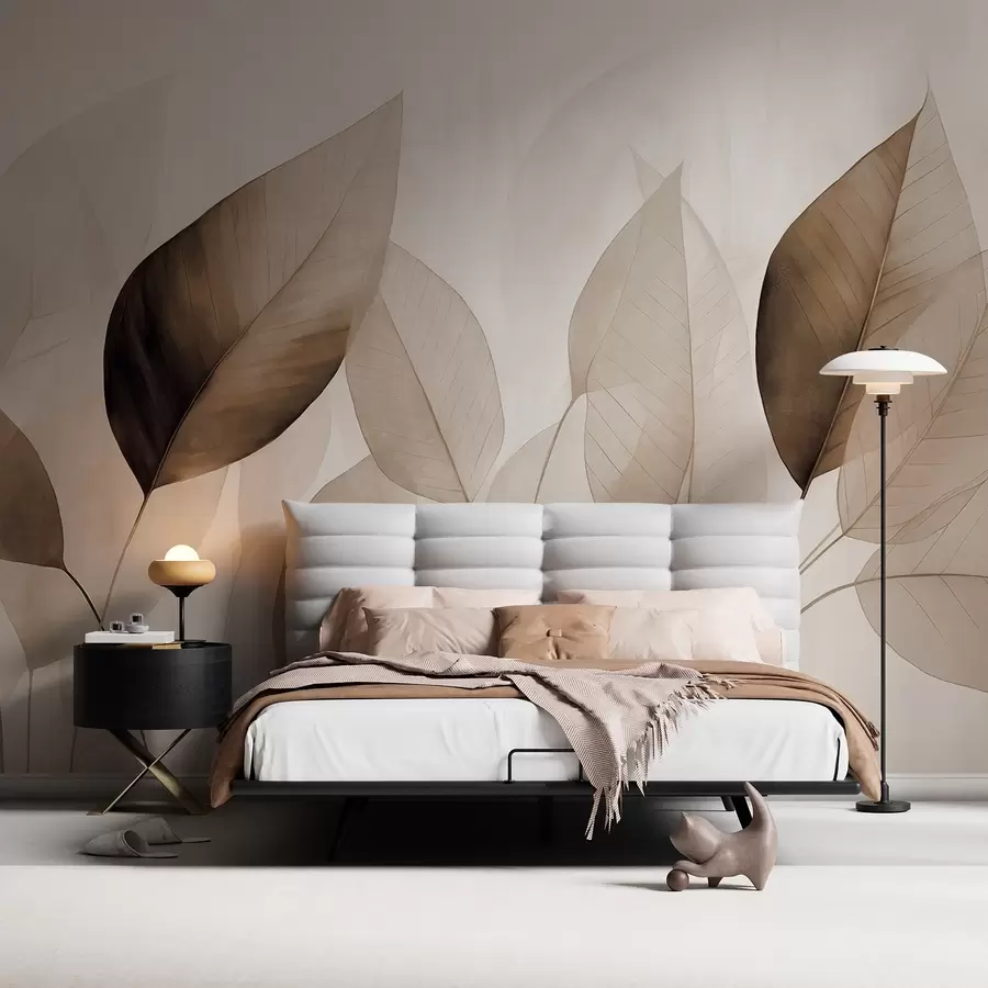 Fototapety Textúrovaná maľba imitujúca listy v odtieňoch hnedej a béžovej farby s jemnými žilkami a stonkami w09400v1