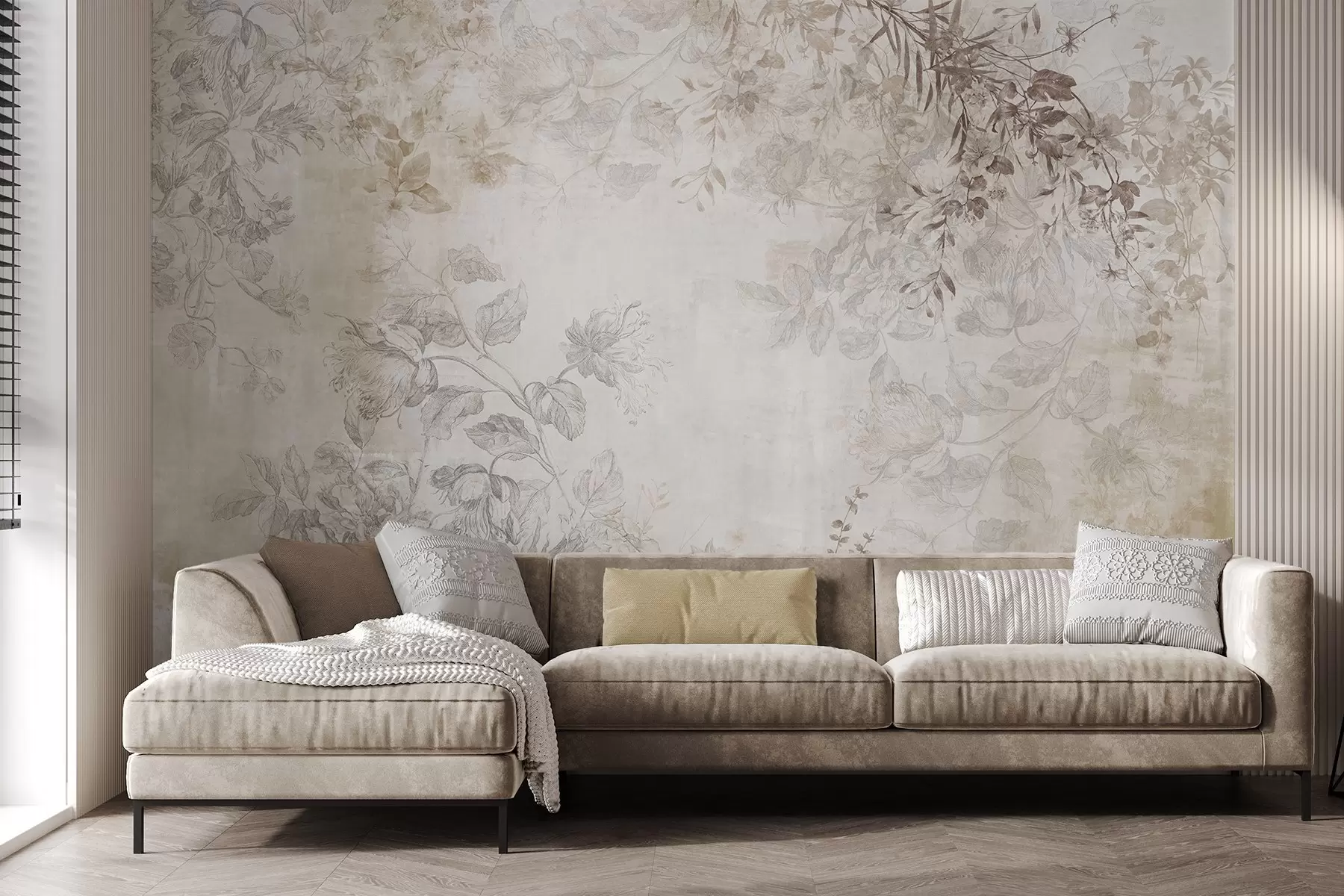 Fototapety Vintage textúrované kvetinové umenie s jemnými ilustráciami záhradných kvetov a listov v kreslenom štýle, v jemných pastelových béžových a sépia odtieňoch w09402