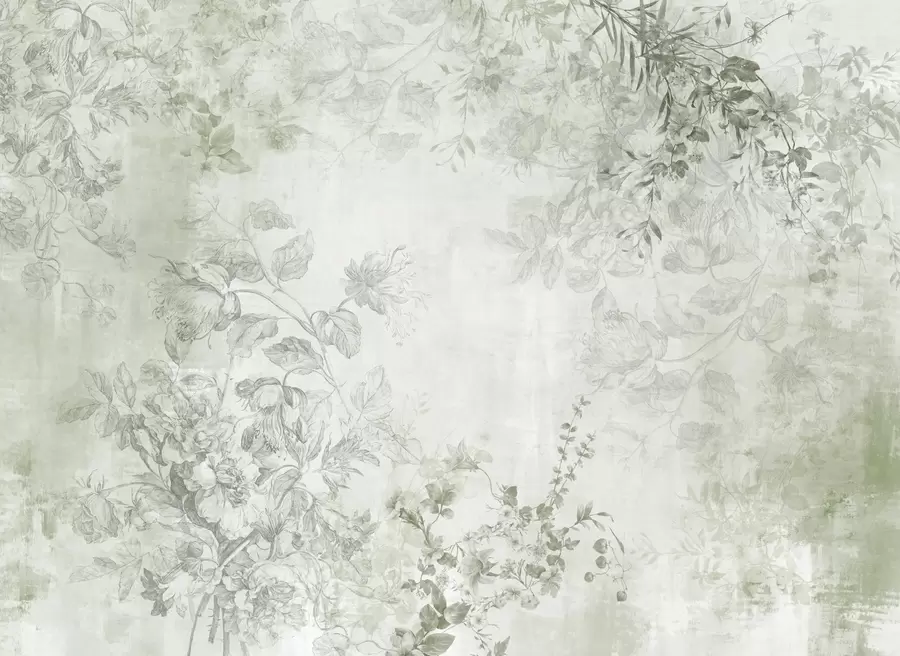 Fototapety Vintage textúrované kvetinové umenie s jemnými ilustráciami záhradných kvetov a listov v kreslenom štýle, jemné zelené tóny w09402v2