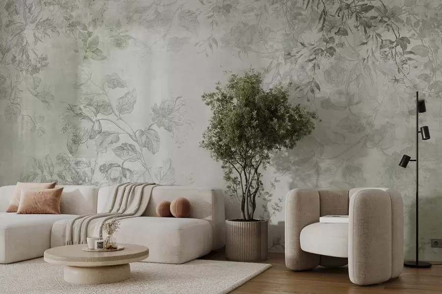 Fototapety Vintage textúrované kvetinové umenie s jemnými ilustráciami záhradných kvetov a listov v kreslenom štýle, jemné zelené tóny w09402v2