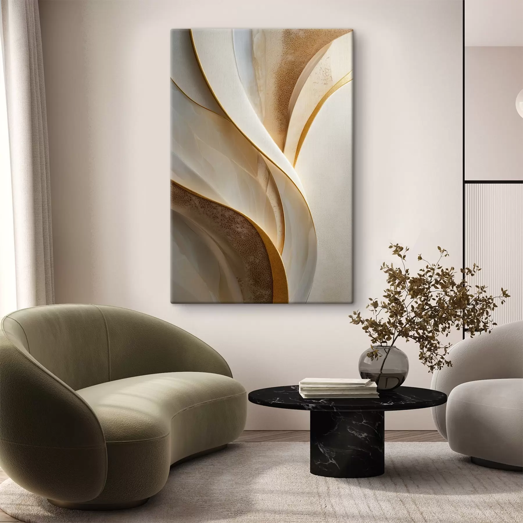 Obraz Abstraktné krivky so žltooranžovými a béžovými akcentmi s45807