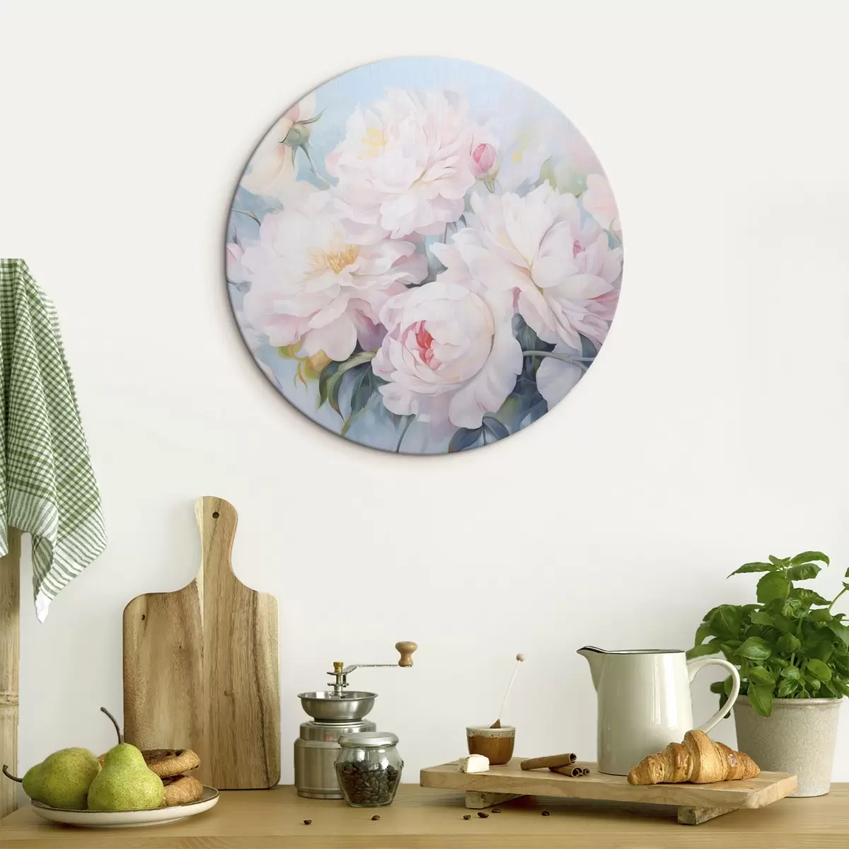 Okrúhle obrazy Jemné ružové pivonky na modrom pozadí r45813