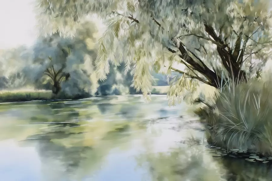 Fototapety strom nad jazerom v štýle akvarelu w04501