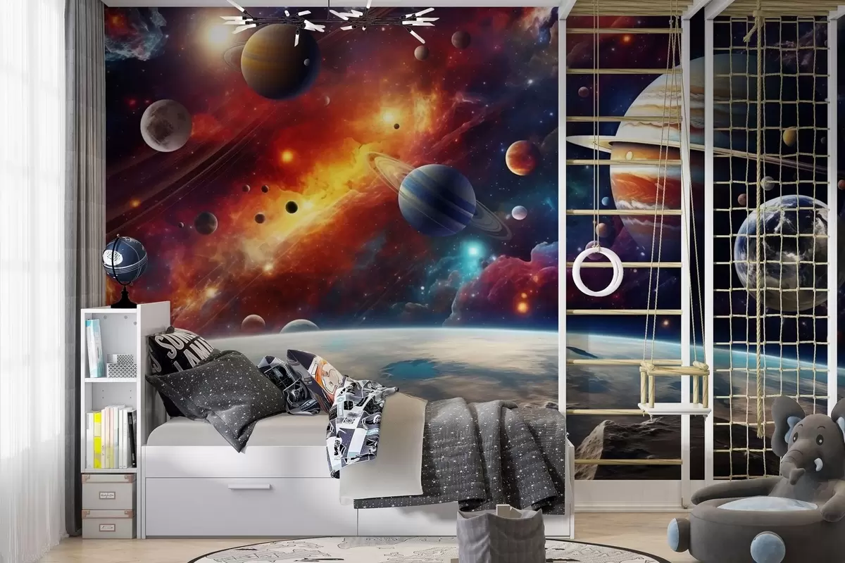 Fototapety Farebný vesmír s planétami a hmlovinami w04576