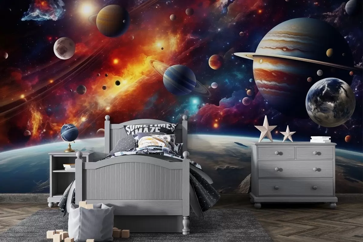 Fototapety Farebný vesmír s planétami a hmlovinami w04576