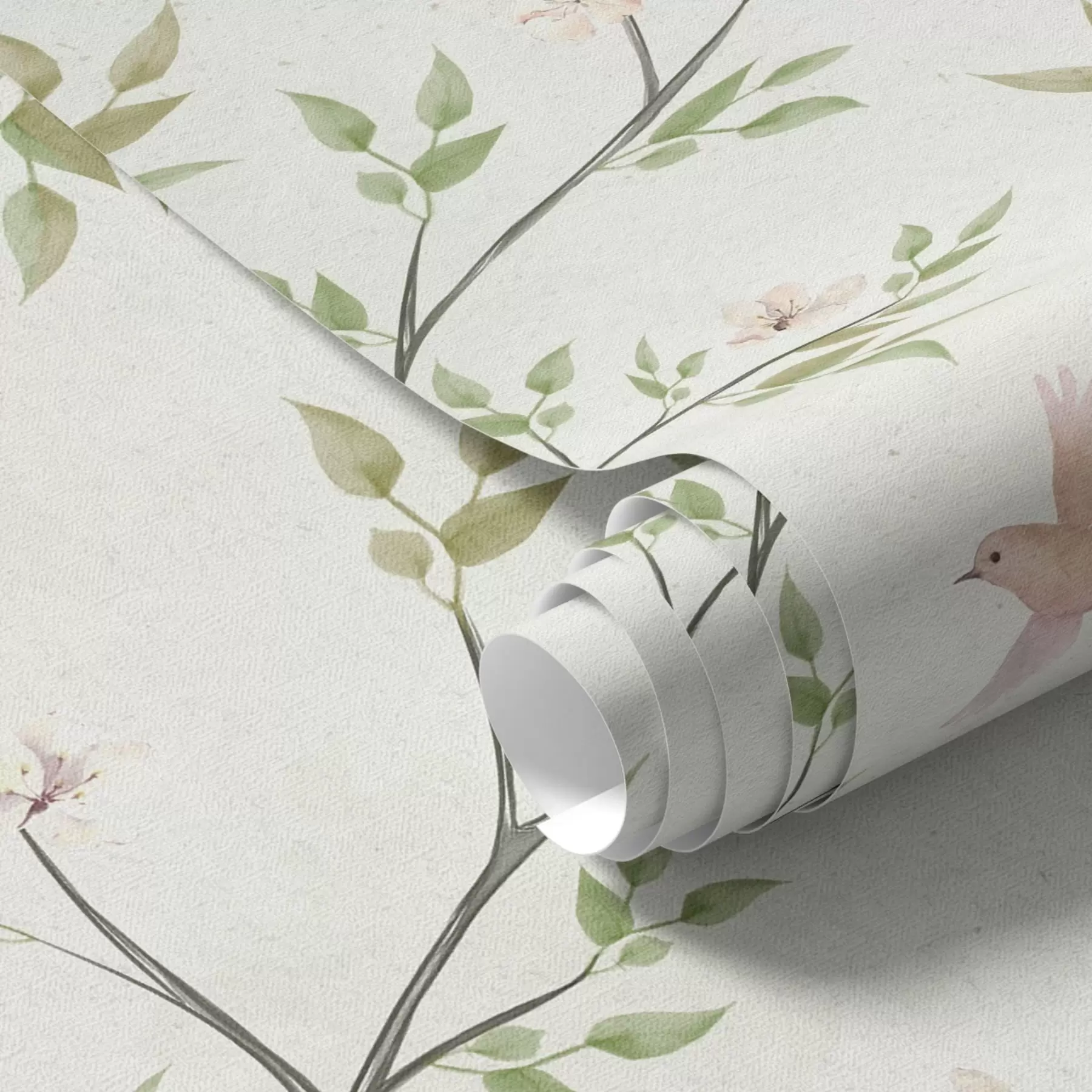 Fototapety Akvarelové vetvy s listami a vtákmi na svetlom pozadí a00496