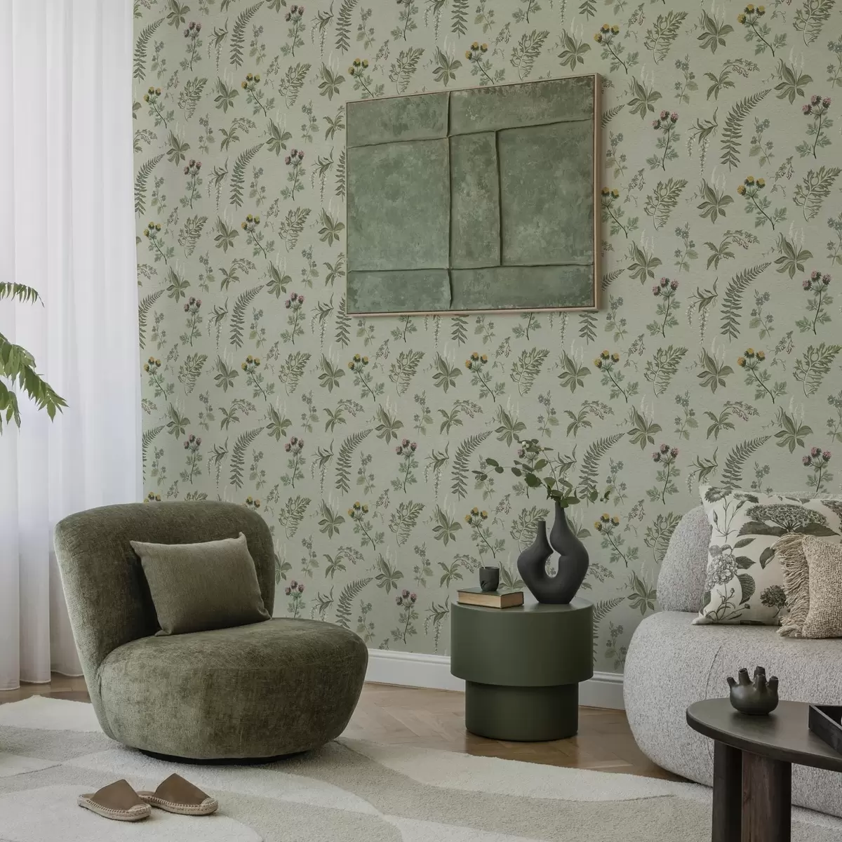 Tapety Botanické trávy a paprade na bledošedom zelenom podklade a00498