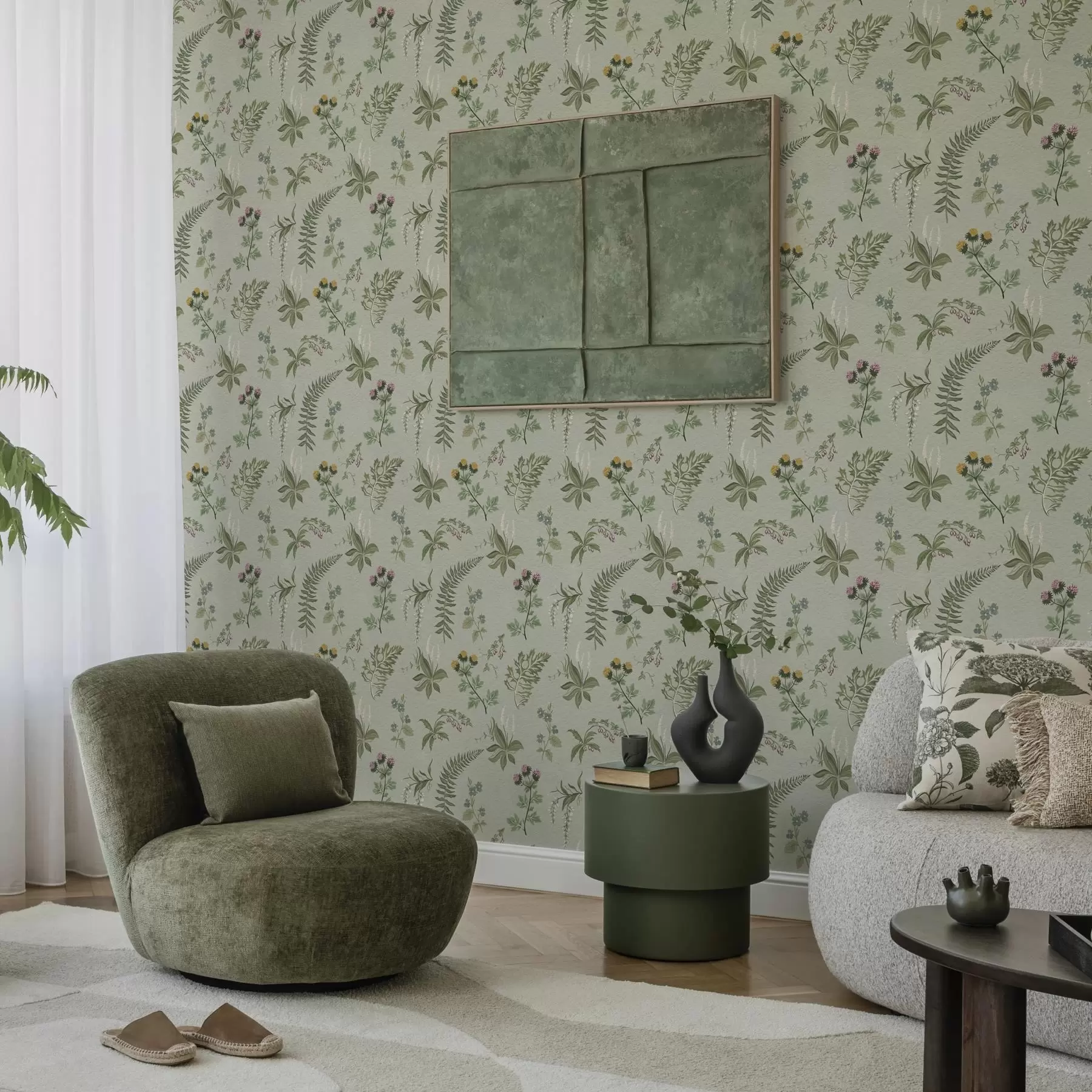 Fototapety Botanické trávy a paprade na bledošedom zelenom podklade a00498