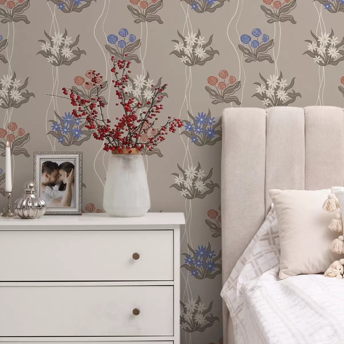 Tapety Retro kvety s vlnitými líniami na teplom béžovom podklade a00503