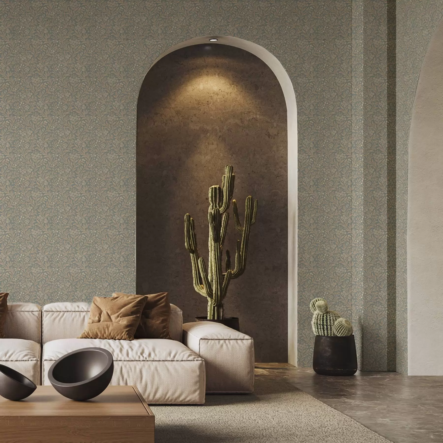 Fototapety Štýl Morris: béžové vetvy na šedo-zelenom pozadí a00569