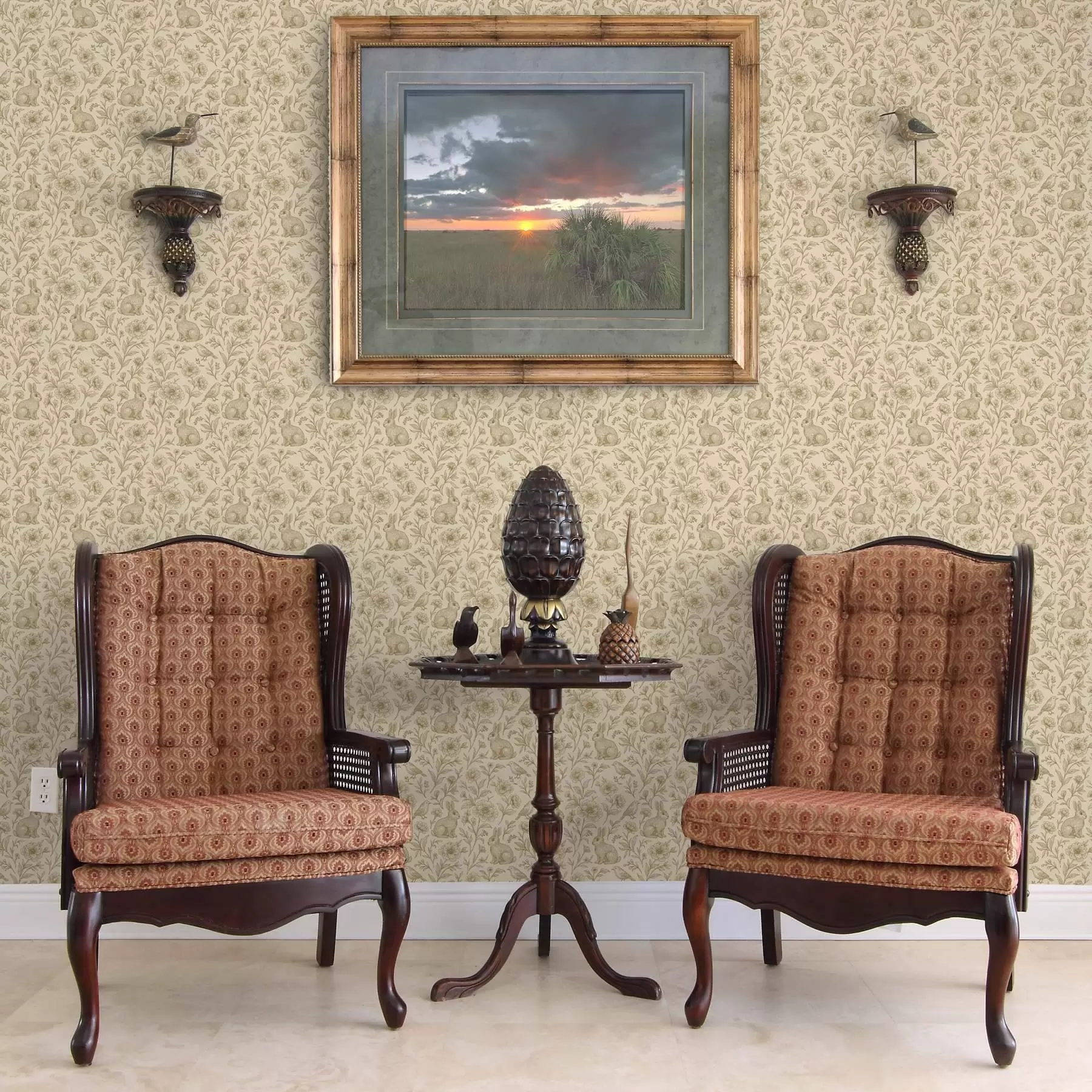 Fototapety Zajace a vtáky v kvetinovom vzore a00571