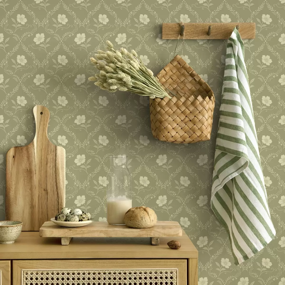 Tapety Olivový mrežový plot s krémovými kvetmi, retro ornament a00585