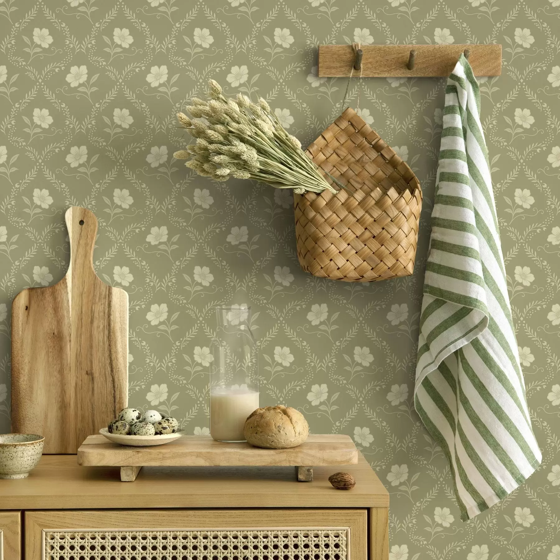 Fototapety Olivový mrežový plot s krémovými kvetmi, retro ornament a00585