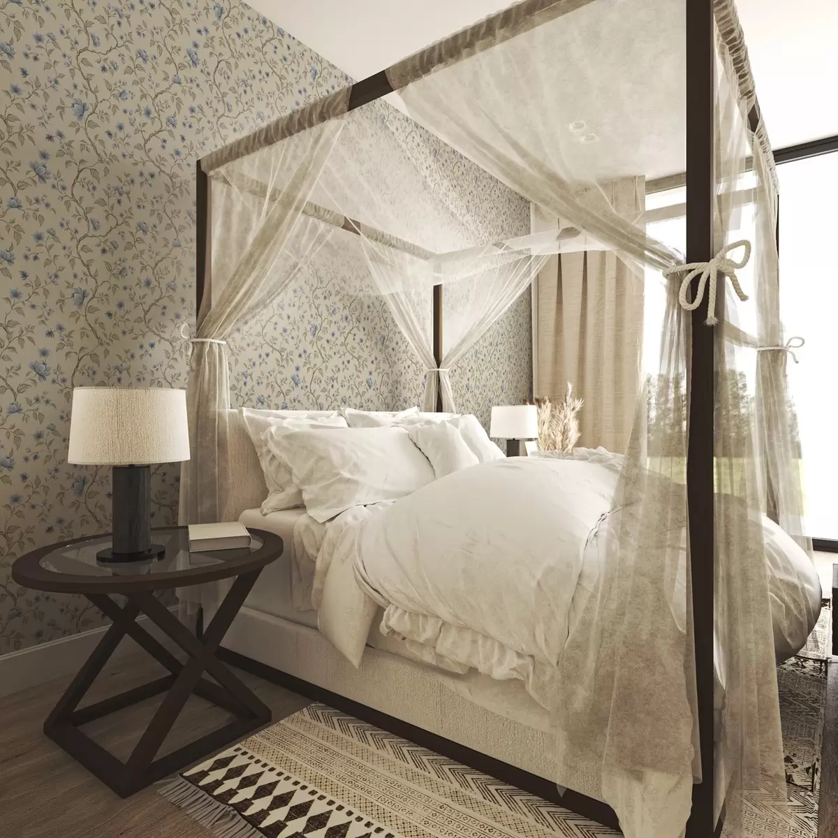 Tapety Modré kvitnúce vetvy na ľanovom béžovom pozadí a00590