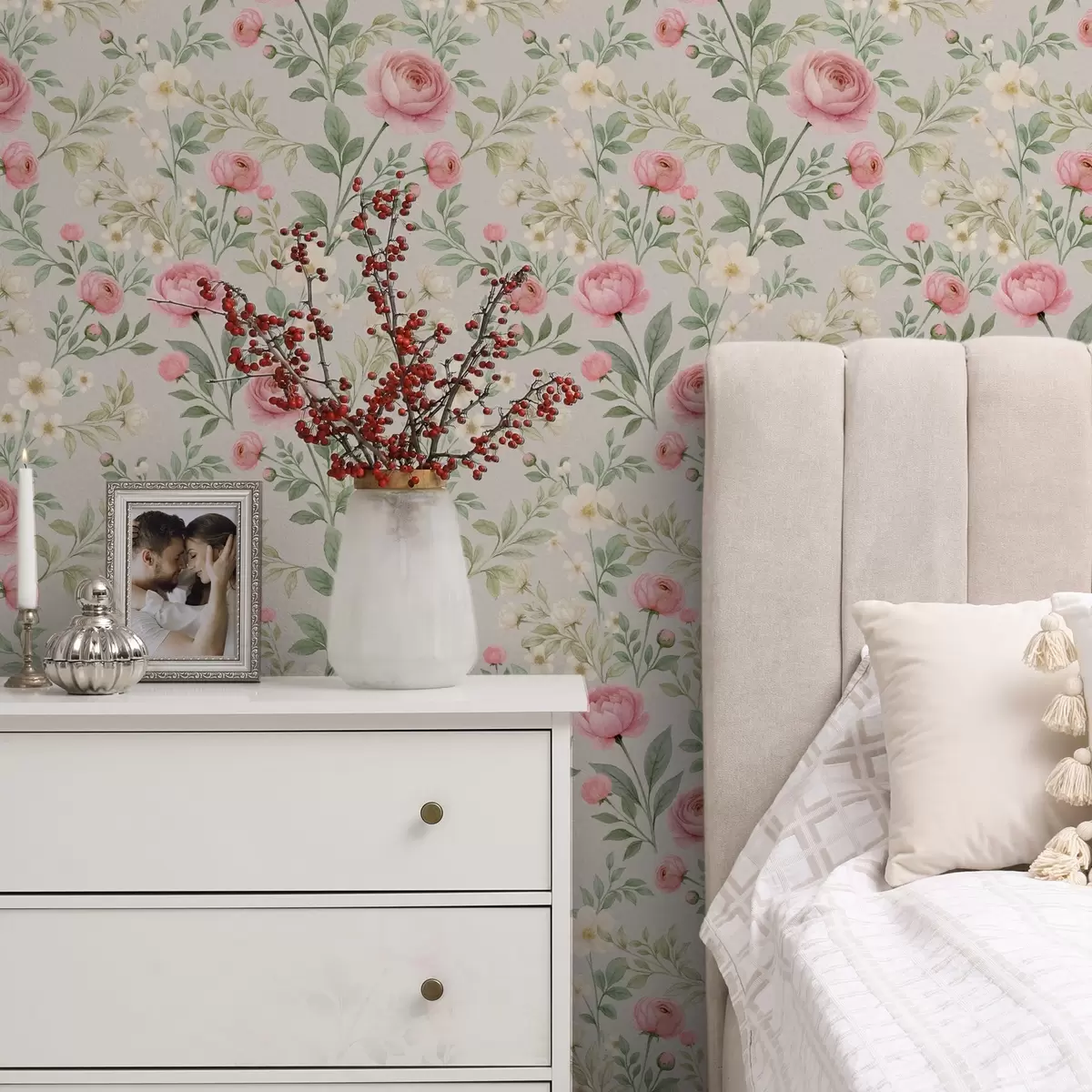 Tapety Akvarelové pivonky a biele kvety na šedo-béžovom pozadí a00592