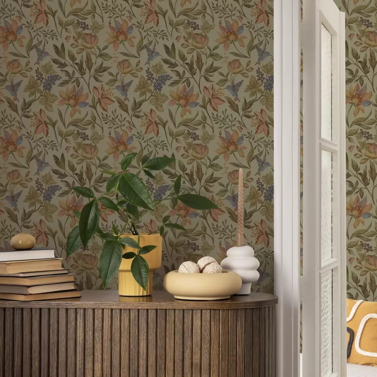 Tapety Vintage kvety a vtáky s hrozienkami na olivovom pozadí a00594