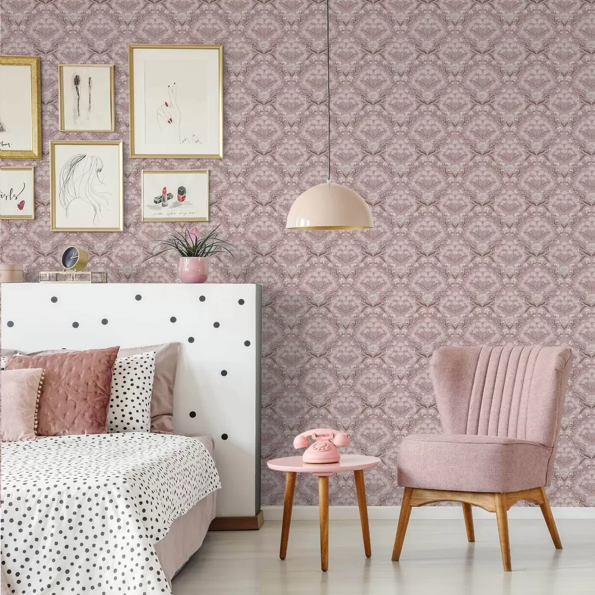 Tapety Ružový damask: pivonky, snežienky a čipkované zhluky a00603