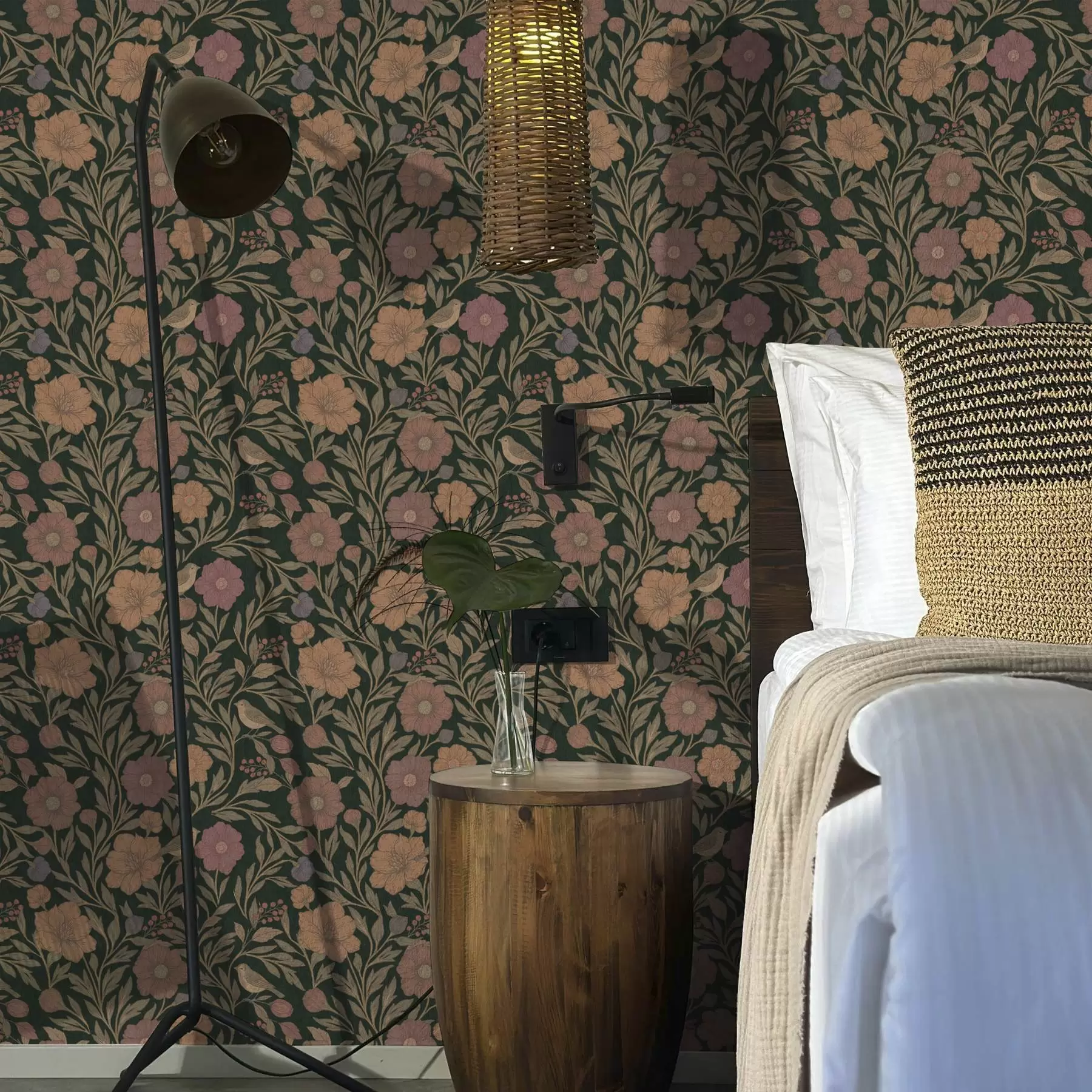 Fototapety Jesenné kvety a vtáky na tmavo zelenom pozadí a00605v1