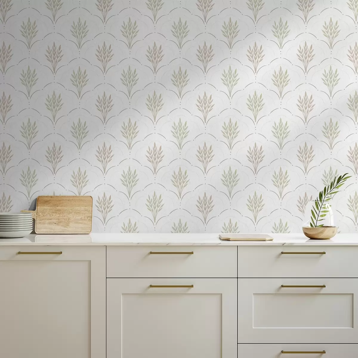 Tapety Pšenica v oblúkovom ornamente, jemné pastelové farby na bielom podklade a00607v1