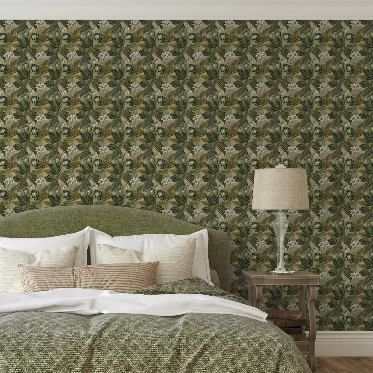 Tapety Chameleóny a tropické listy, biele kvety, béžový podklad a00608