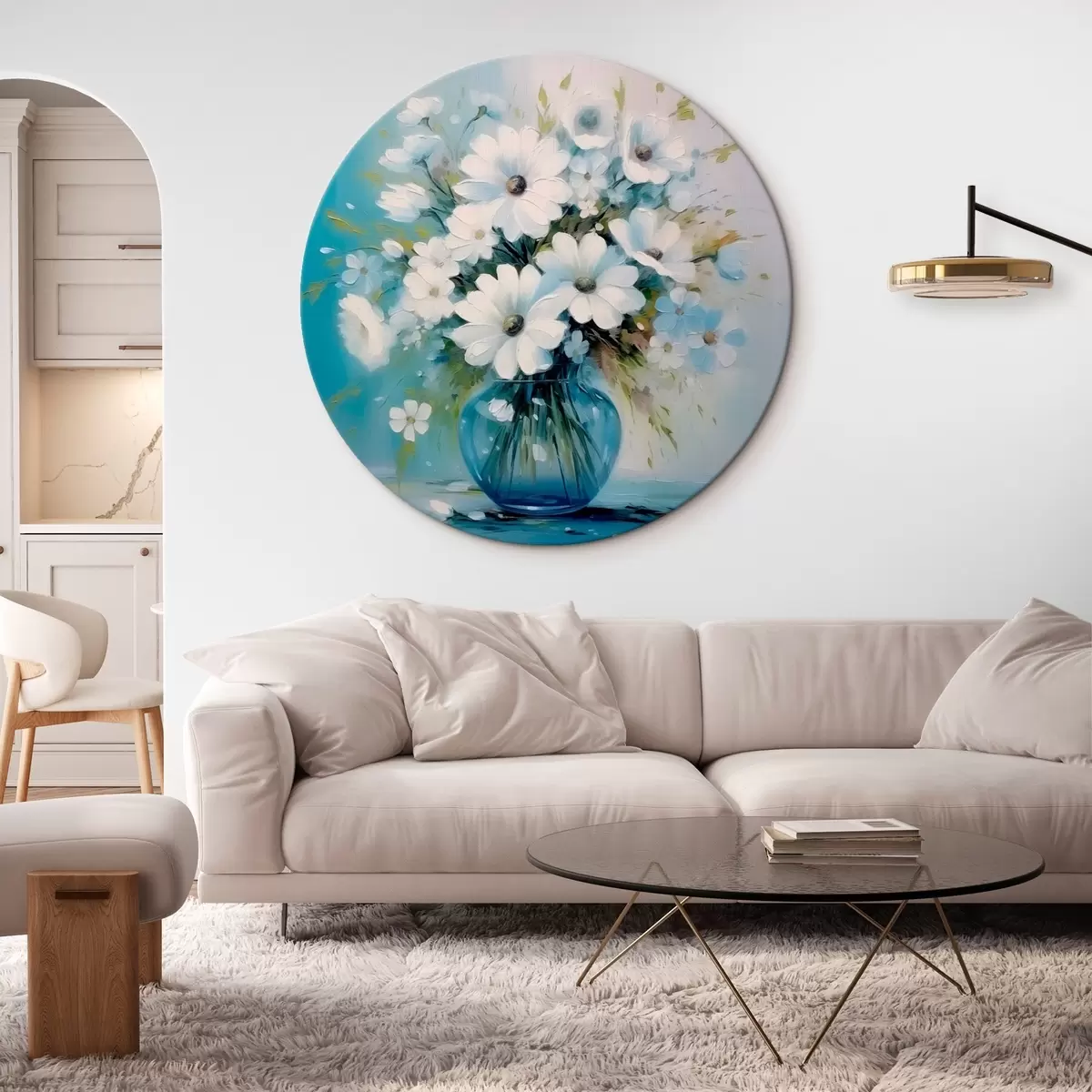 Okrúhle obrazy Kytica sedmokrások v modrej váze r45959 Okrúhle obrazy Kytica sedmokrások v modrej váze r45959