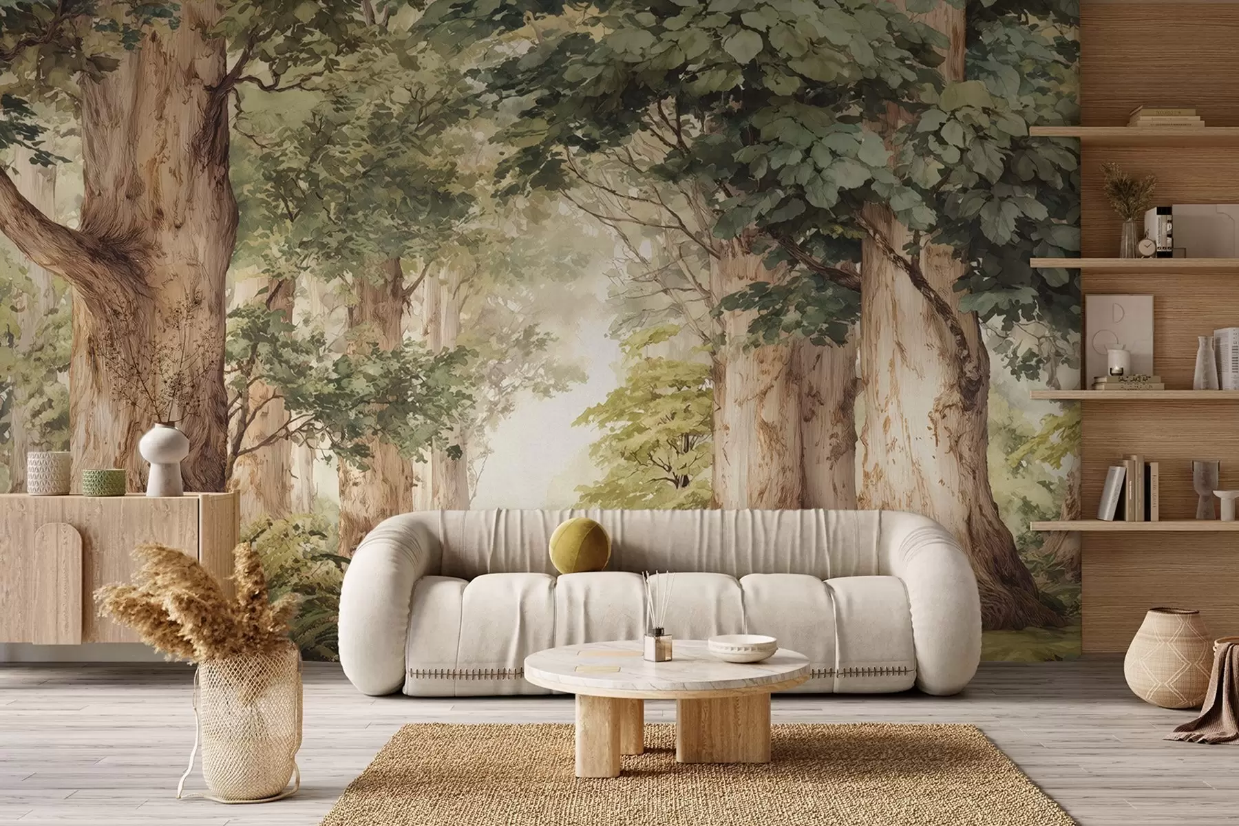 Fototapety Lesná cesta medzi majestátnymi stromami v akvarelovom štýle w09404